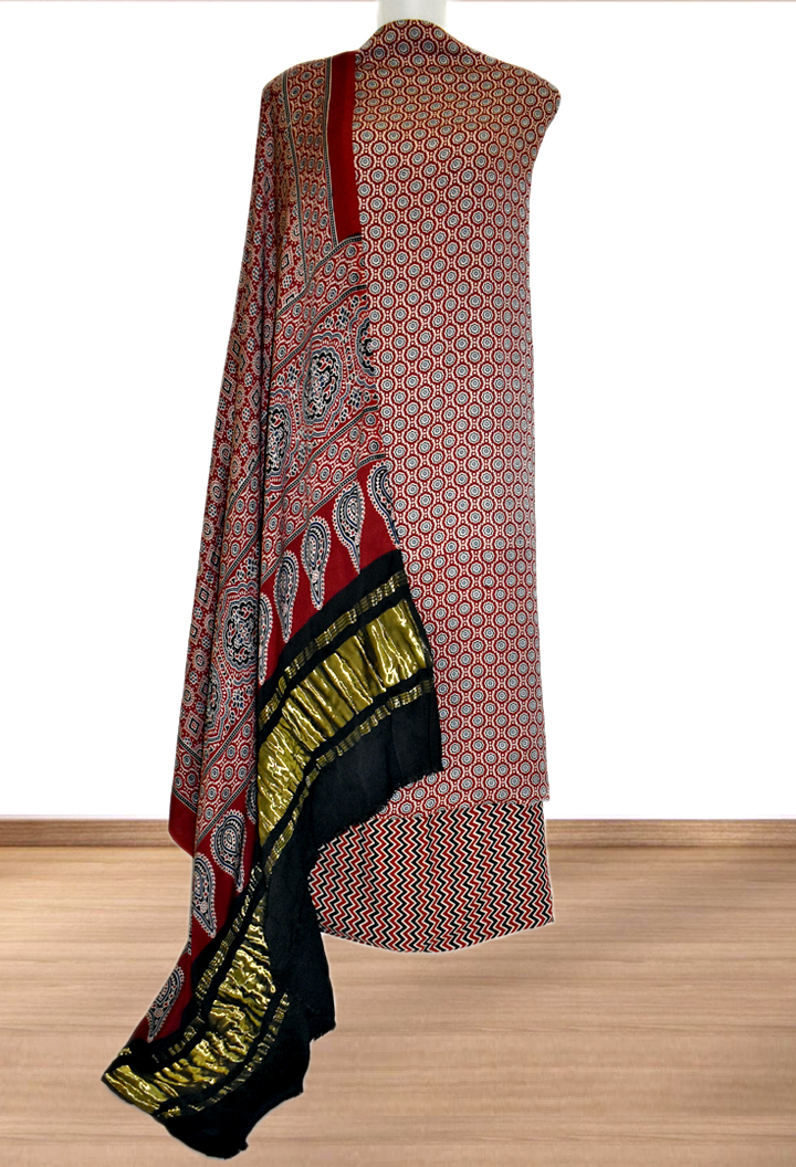 Floral Motifs Premium Modal Silk Ajrakh Hand Block Salwar Suit - Maroon