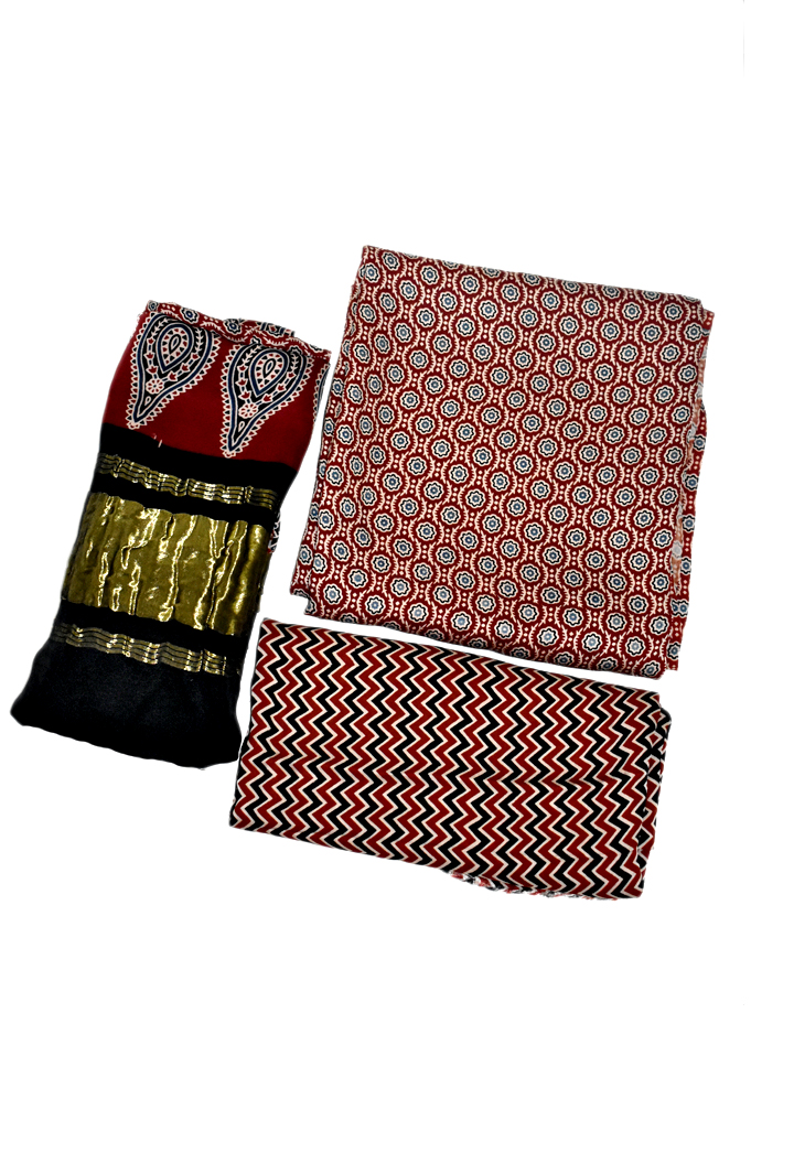 Floral Motifs Premium Modal Silk Ajrakh Hand Block Salwar Suit - Maroon