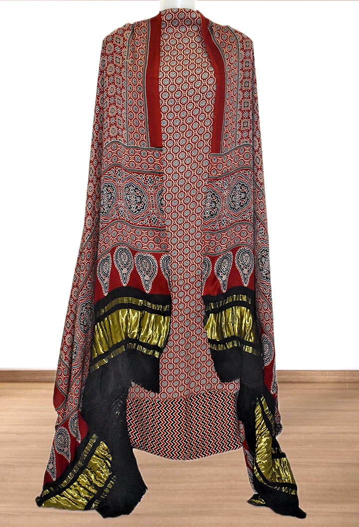 Floral Motifs Premium Modal Silk Ajrakh Hand Block Salwar Suit - Maroon