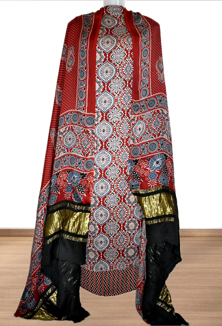 Badam Buta Premium Modal Silk Ajrakh Hand Block Salwar Suit - Maroon