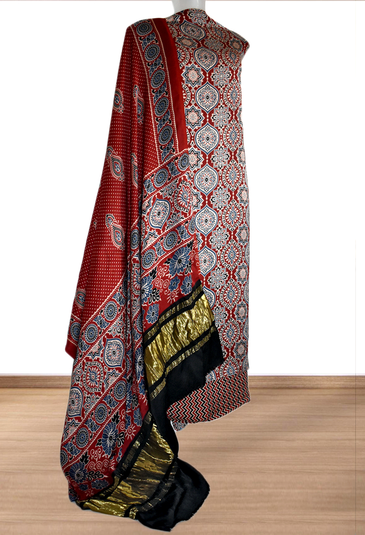 Badam Buta Premium Modal Silk Ajrakh Hand Block Salwar Suit - Maroon