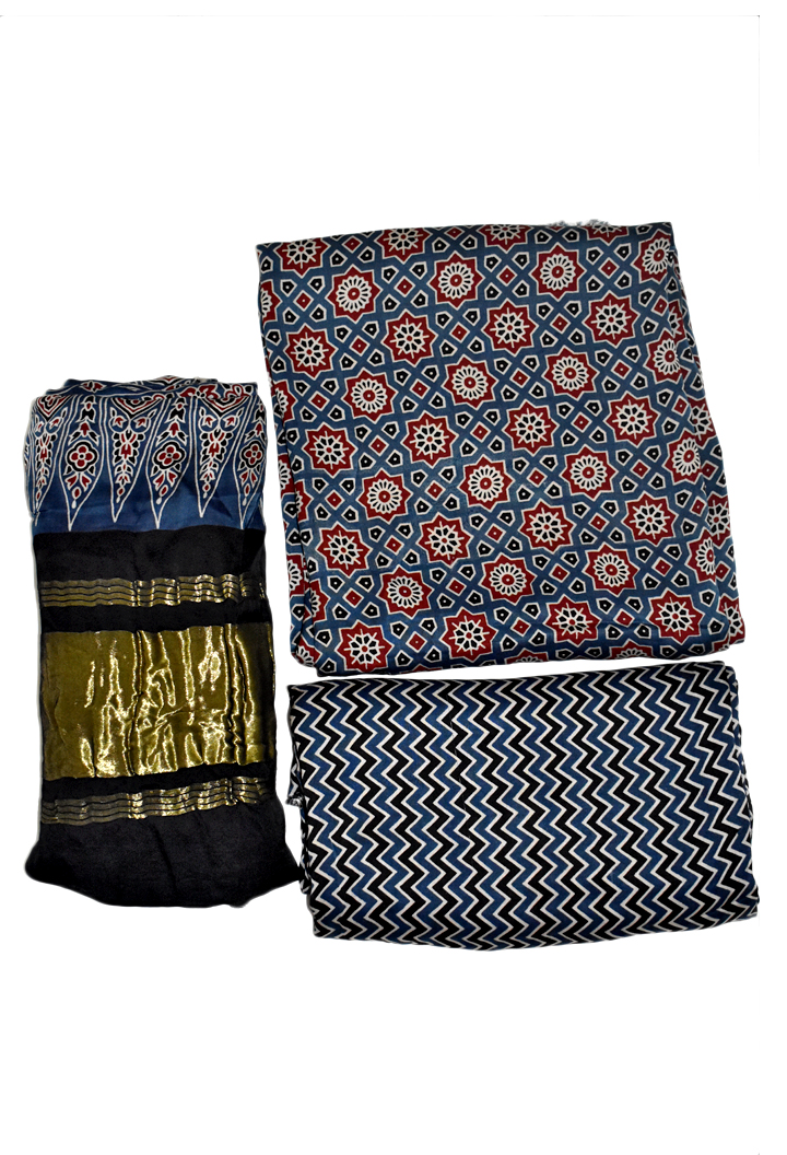 Chakra Buta Premium Modal Silk Ajrakh Hand Block Salwar Suit - Blue