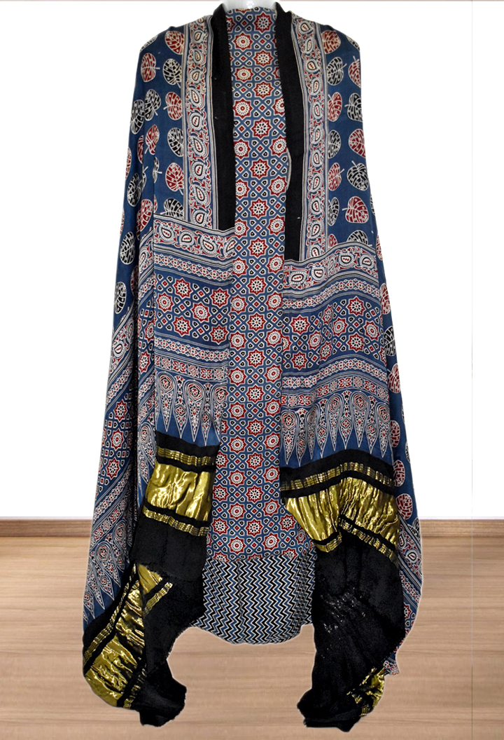 Chakra Buta Premium Modal Silk Ajrakh Hand Block Salwar Suit - Blue