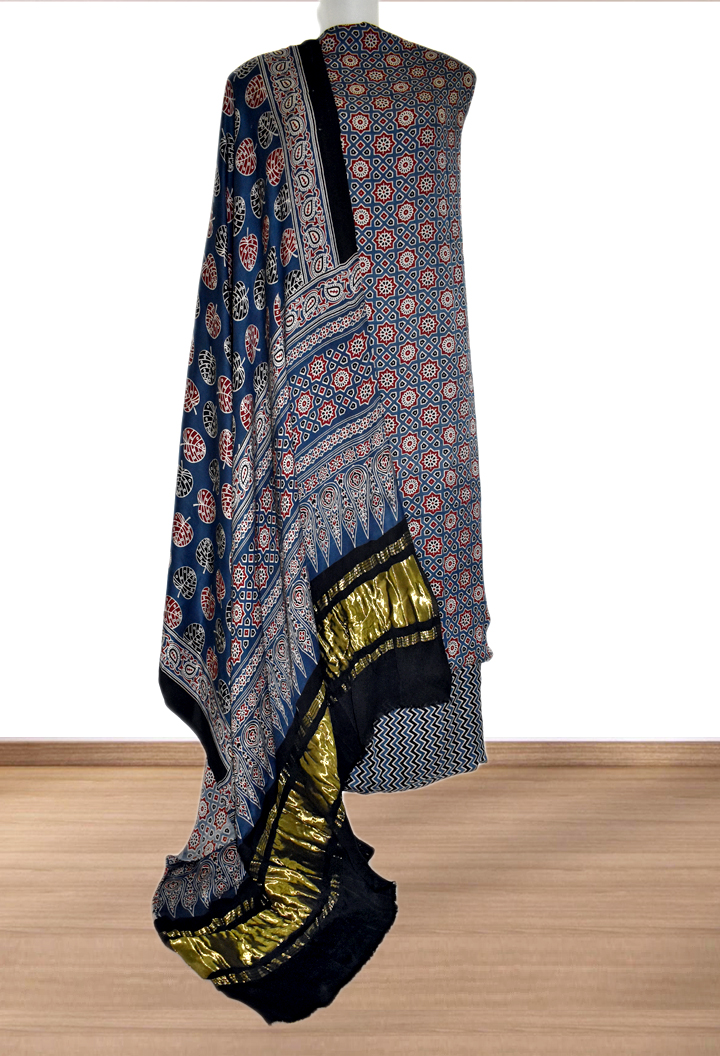 Chakra Buta Premium Modal Silk Ajrakh Hand Block Salwar Suit - Blue