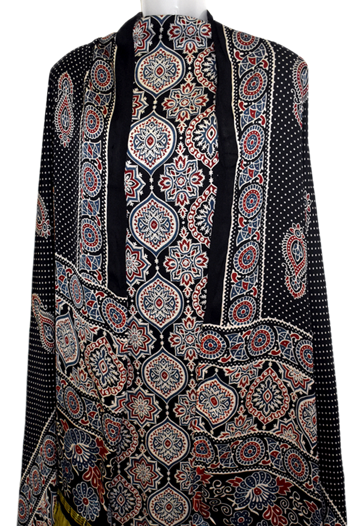 Badam Buta Premium Modal Silk Ajrakh Hand Block Salwar Suit - Black