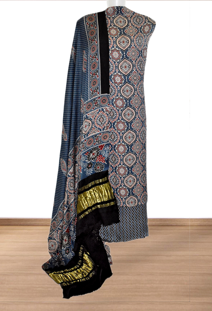 Badam Buta Premium Modal Silk Ajrakh Hand Block Salwar Suit - Blue