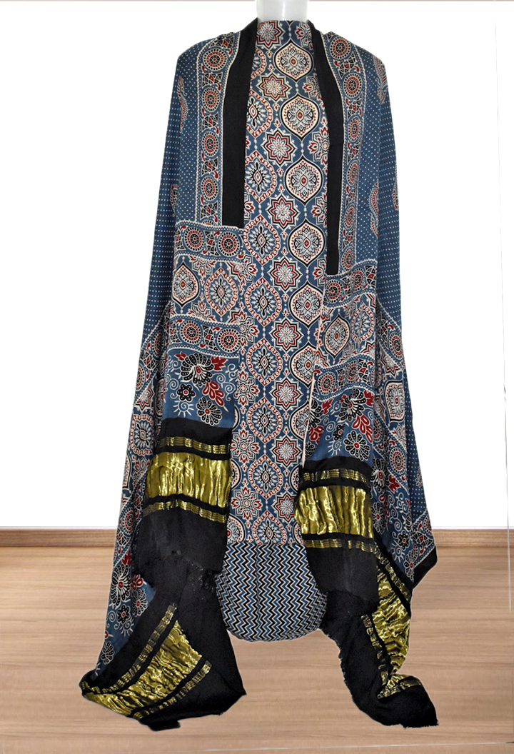 Badam Buta Premium Modal Silk Ajrakh Hand Block Salwar Suit - Blue