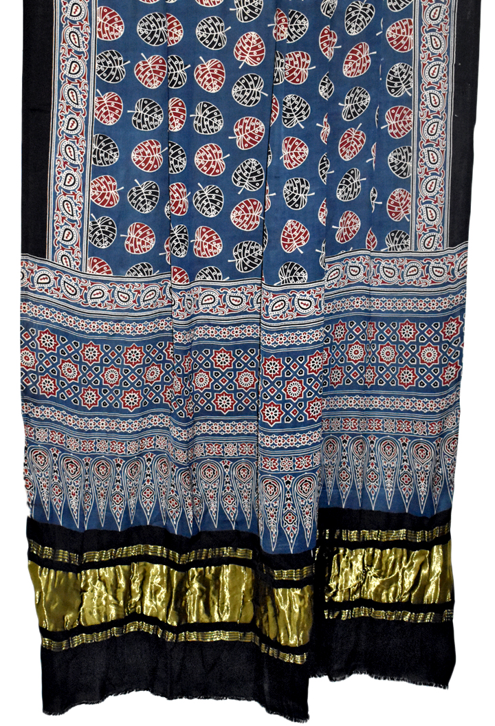 Premium Modal Silk Ajrakh Hand Block Leaf Butta with Lagdi Pallu Dupatta - Blue