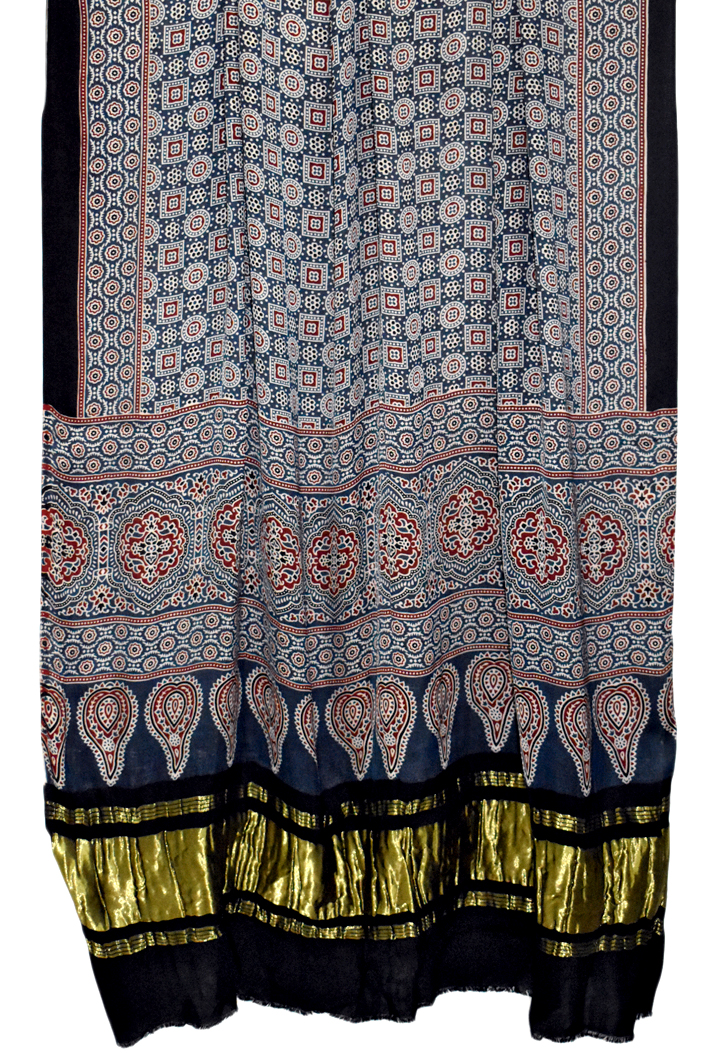 Premium Modal Silk Ajrakh Hand Block Geometrical Butta Design with Lagdi Pallu Dupatta - Blue