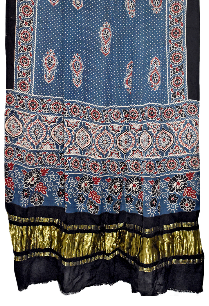 Premium Modal Silk Ajrakh Hand Block Paisley Butta with Lagdi Pallu Dupatta - Blue