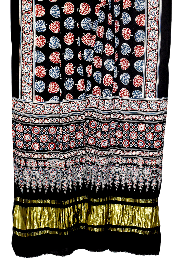 Premium Modal Silk Ajrakh Hand Block Leaf Butta with Lagdi Pallu Dupatta - Black