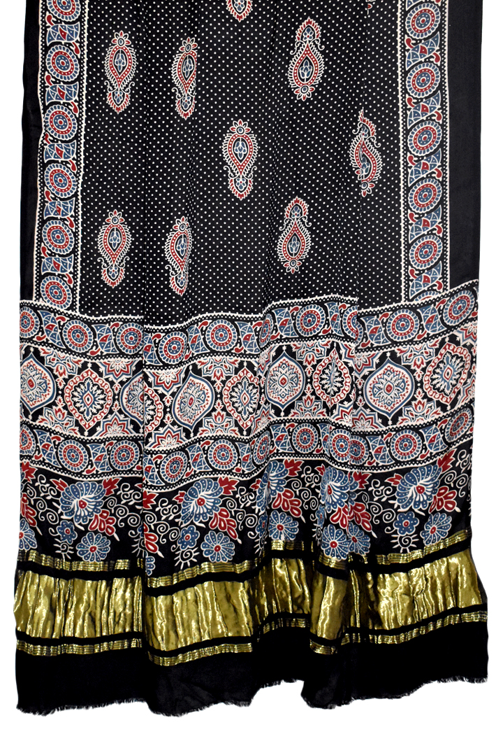 Premium Modal Silk Ajrakh Hand Block Paisley Butta with Lagdi Pallu Dupatta - Black