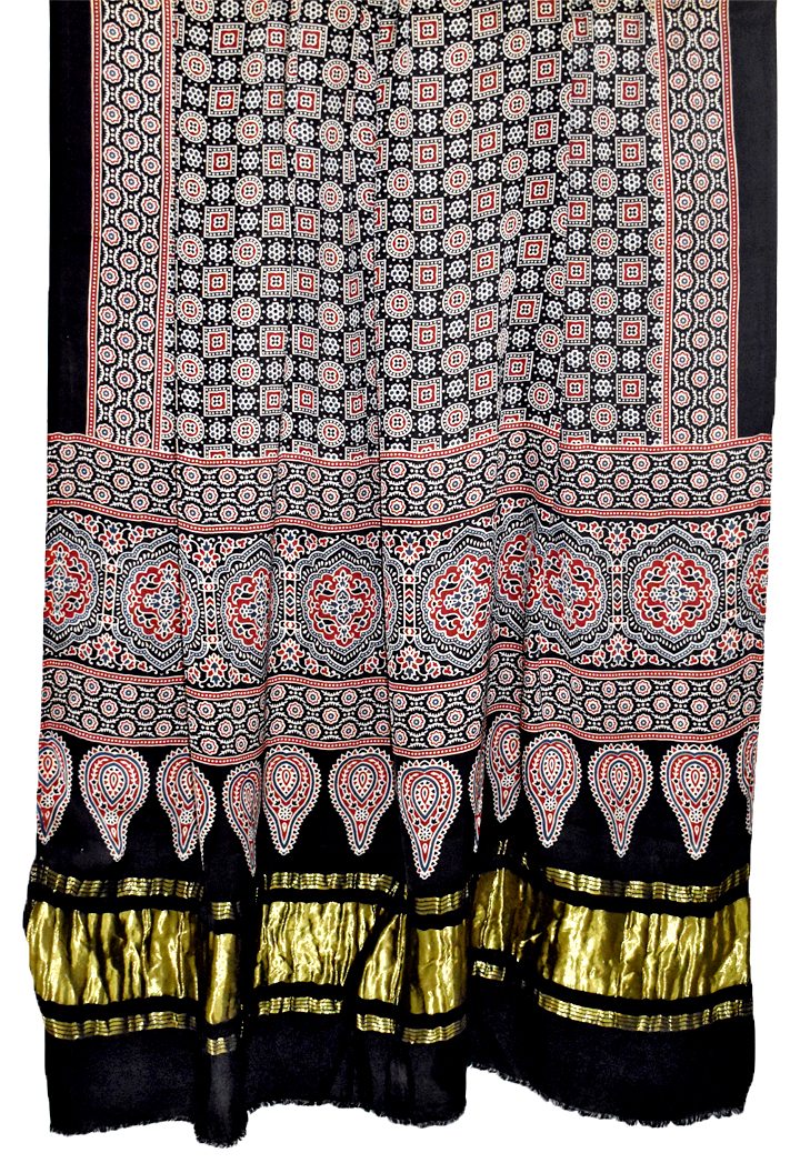 Premium Modal Silk Ajrakh Hand Block Geometrical Butta Design with Lagdi Pallu Dupatta - Black
