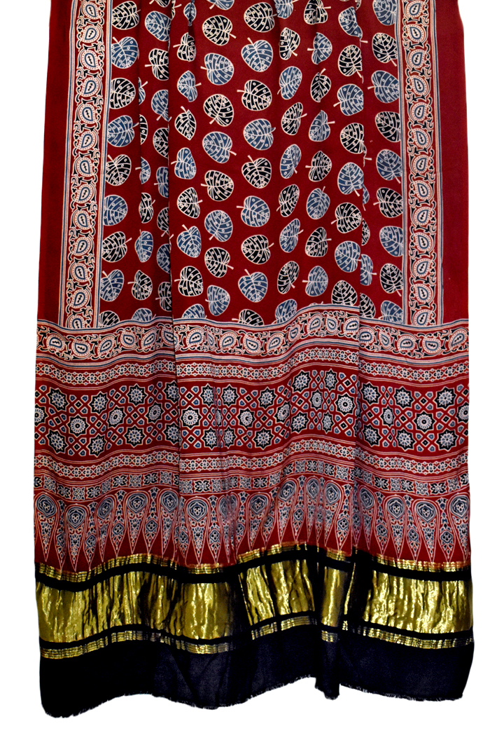 Premium Modal Silk Ajrakh Hand Block Leaf Butta with Lagdi Pallu Dupatta - Maroon