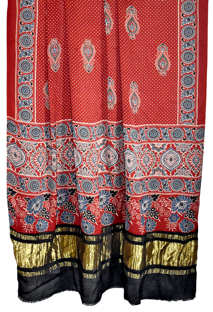 Premium Modal Silk Ajrakh Hand Block Paisley Butta with Lagdi Pallu Dupatta - Maroon