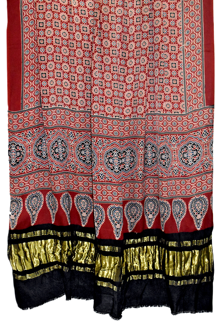 Premium Modal Silk Ajrakh Hand Block Geometrical Butta Design with Lagdi Pallu Dupatta - Maroon