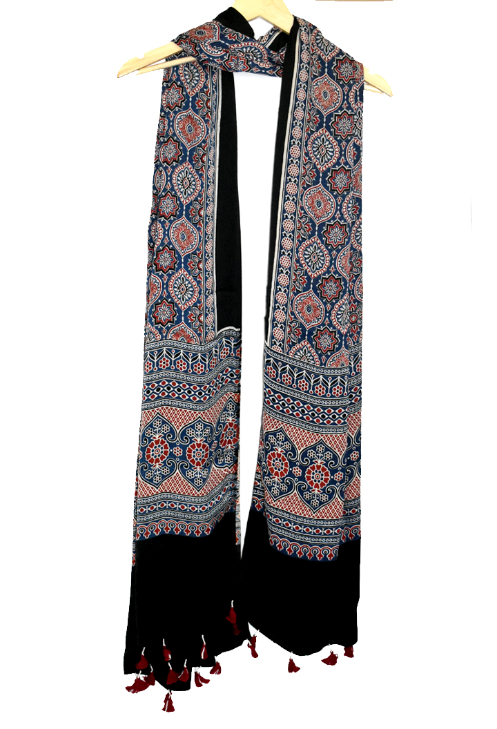 Blue Premium Modal Silk Ajrakh Hand Block Dupatta - Paisley
