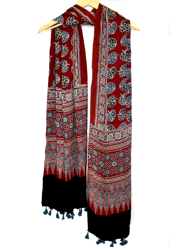 Maroon Premium Modal Silk Ajrakh Hand Block Dupatta - Leaf Design