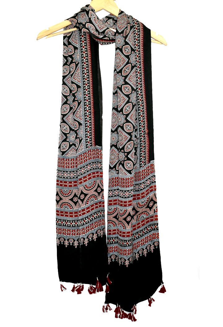 Black Premium Modal Silk Ajrakh Hand Block Dupatta - Floral