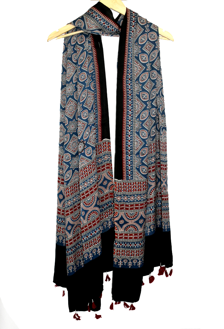 Blue Premium Modal Silk Ajrakh Hand Block Dupatta - Floral