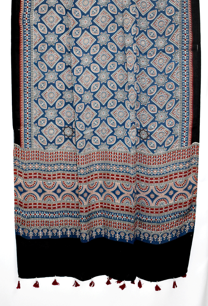 Blue Premium Modal Silk Ajrakh Hand Block Dupatta - Floral