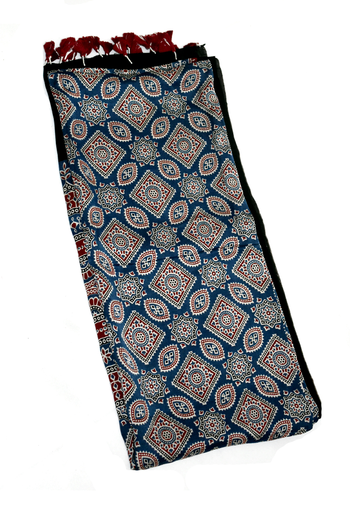 Blue Premium Modal Silk Ajrakh Hand Block Dupatta - Floral