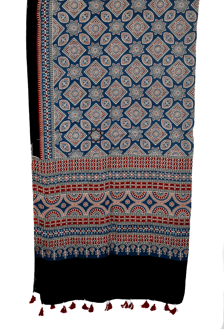 Blue Premium Modal Silk Ajrakh Hand Block Dupatta - Floral