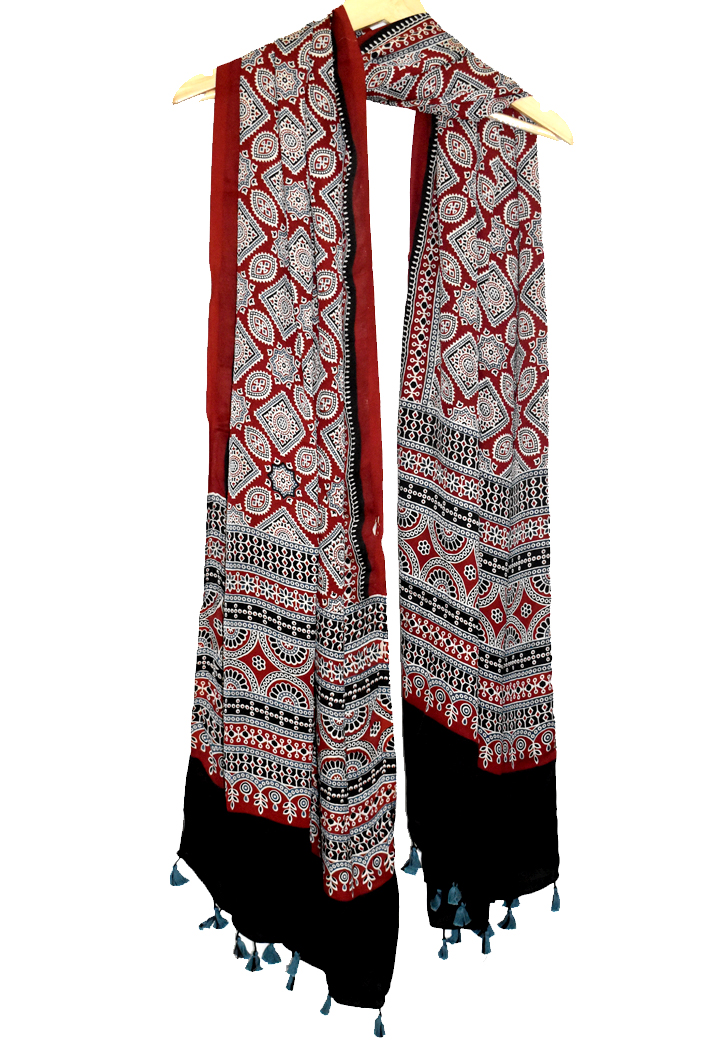 Premium Modal Silk Ajrakh Hand Block Floral Dupatta - Maroon
