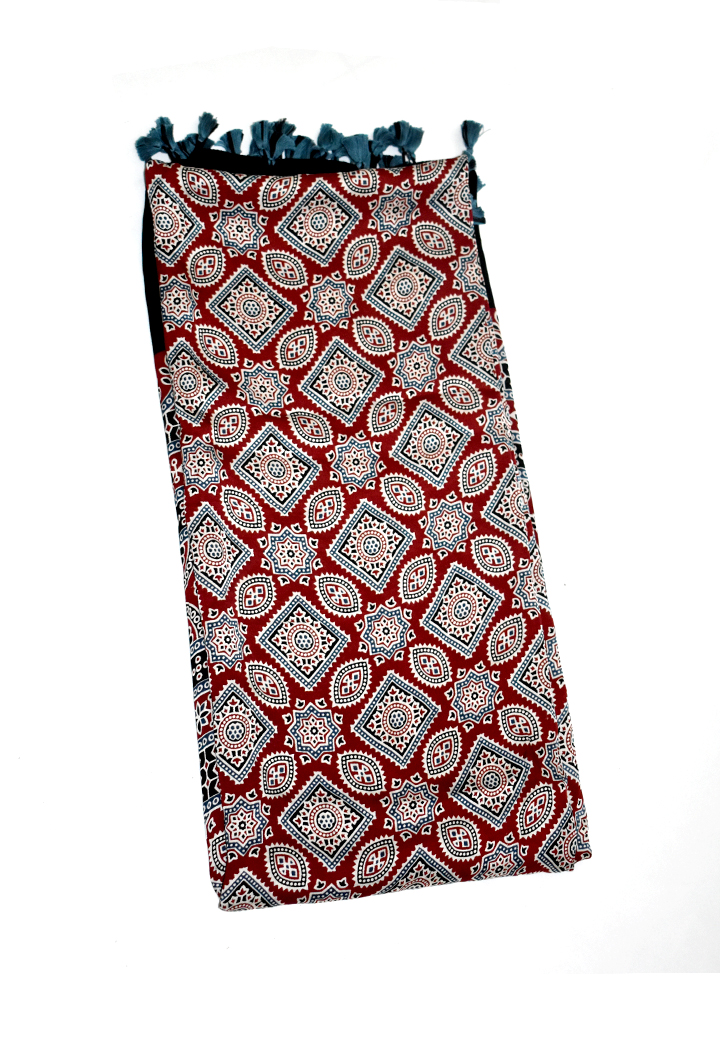 Premium Modal Silk Ajrakh Hand Block Floral Dupatta -  Maroon