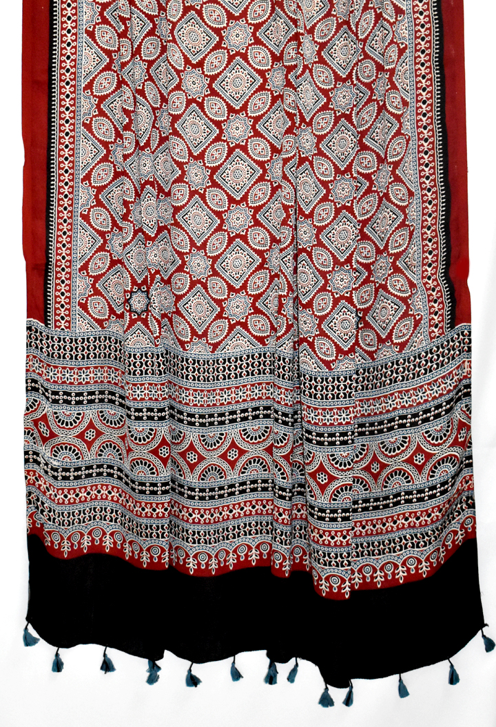 Premium Modal Silk Ajrakh Hand Block Floral Dupatta -  Maroon
