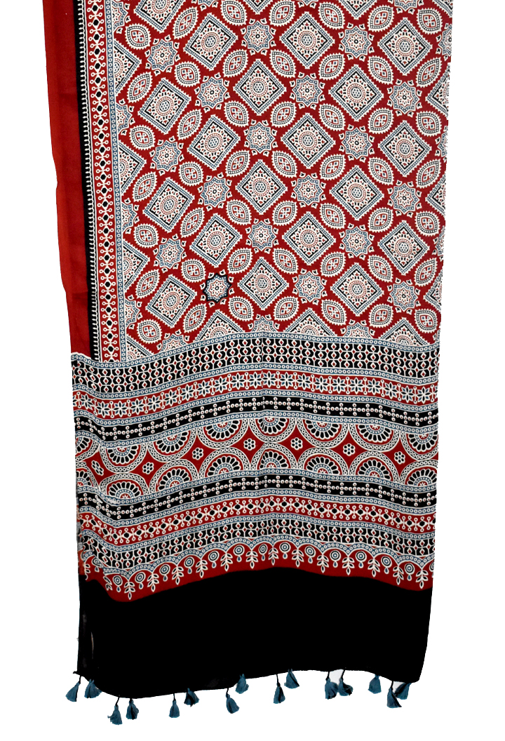 Premium Modal Silk Ajrakh Hand Block Floral Dupatta -  Maroon