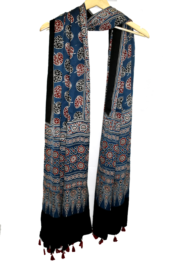 Blue Premium Modal Silk Ajrakh Hand Block Dupatta - Leaf Design