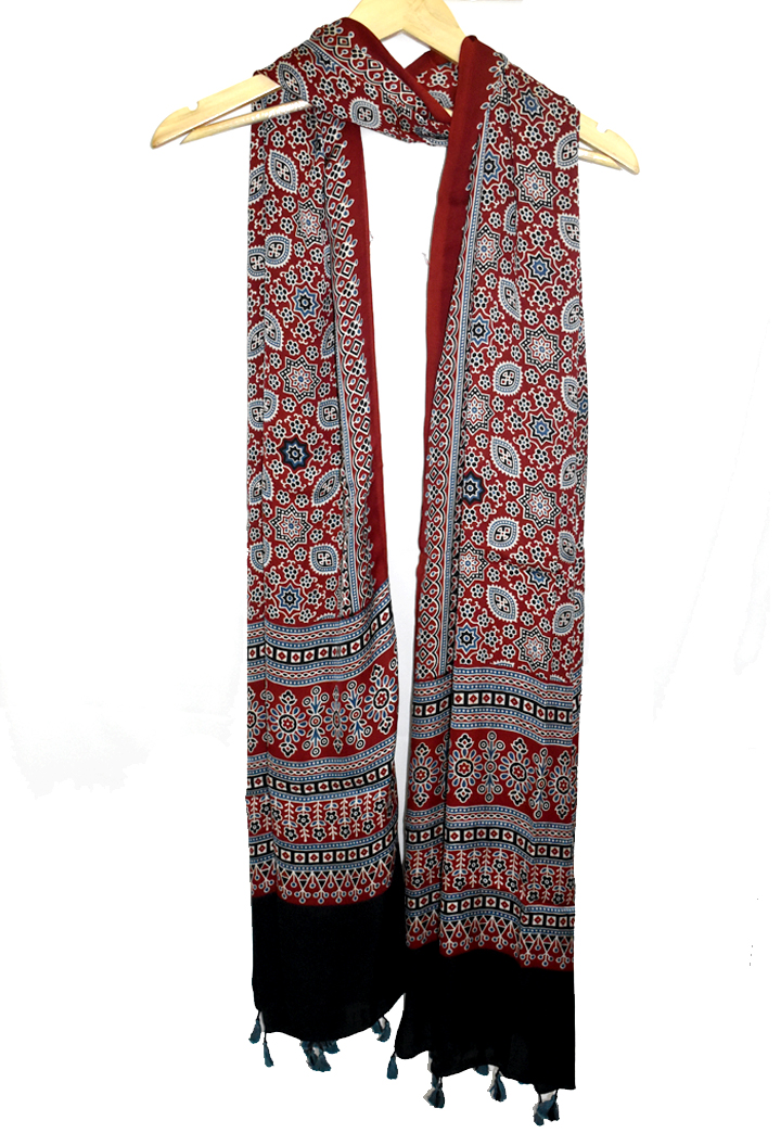 Maroon Premium Modal Silk Ajrakh Hand Block Dupatta - Floral