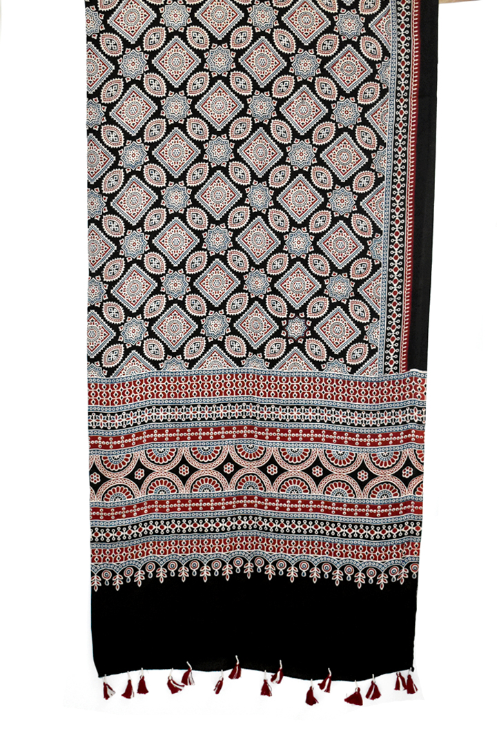 Black Premium Modal Silk Ajrakh Hand Block Dupatta - Floral