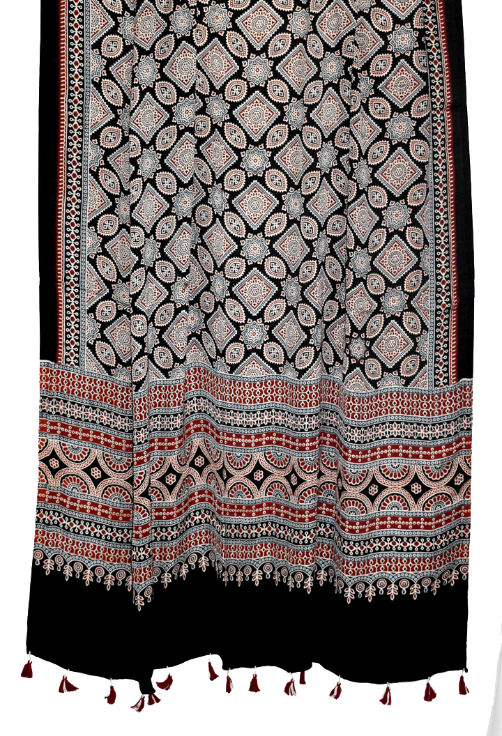 Black Premium Modal Silk Ajrakh Hand Block Dupatta - Floral