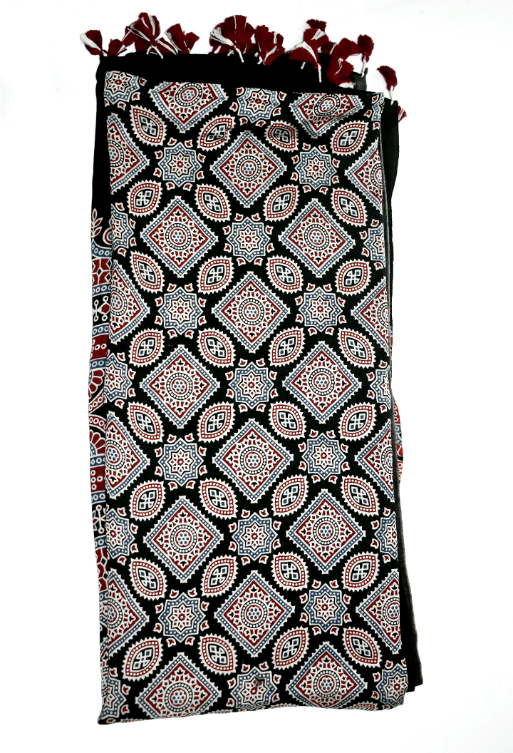Black Premium Modal Silk Ajrakh Hand Block Dupatta - Floral
