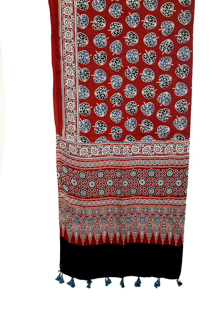 Maroon Premium Modal Silk Ajrakh Hand Block Dupatta -  Leaf Design 