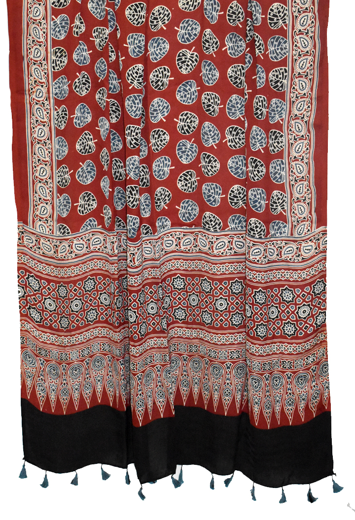 Maroon Premium Modal Silk Ajrakh Hand Block Dupatta -  Leaf Design 