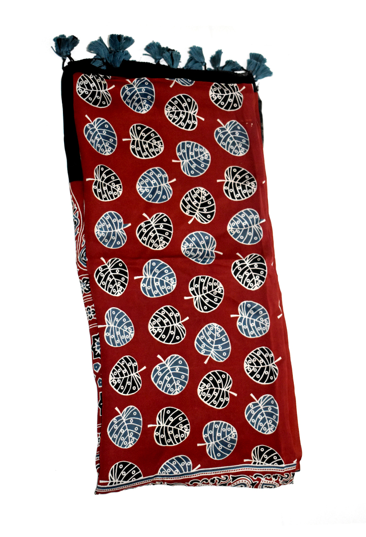 Maroon Premium Modal Silk Ajrakh Hand Block Dupatta -  Leaf Design 