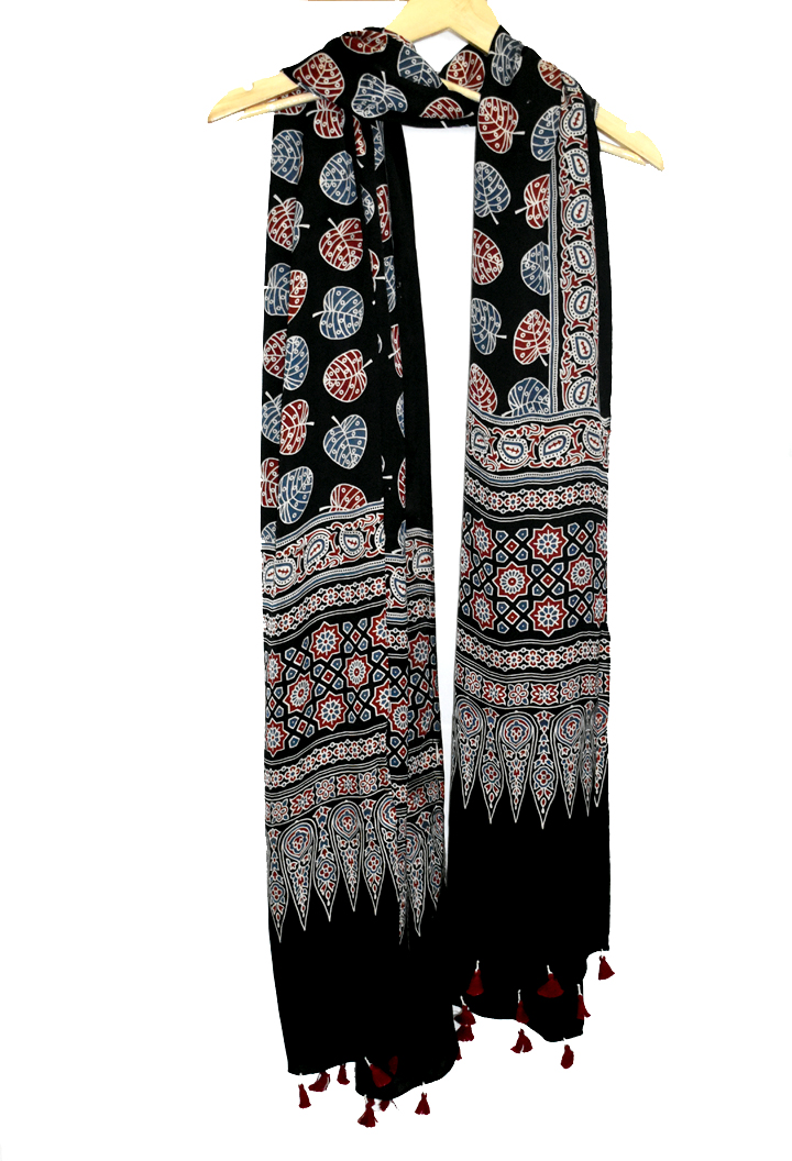 Black Premium Modal Silk Ajrakh Hand Block Dupatta - Leaf design
