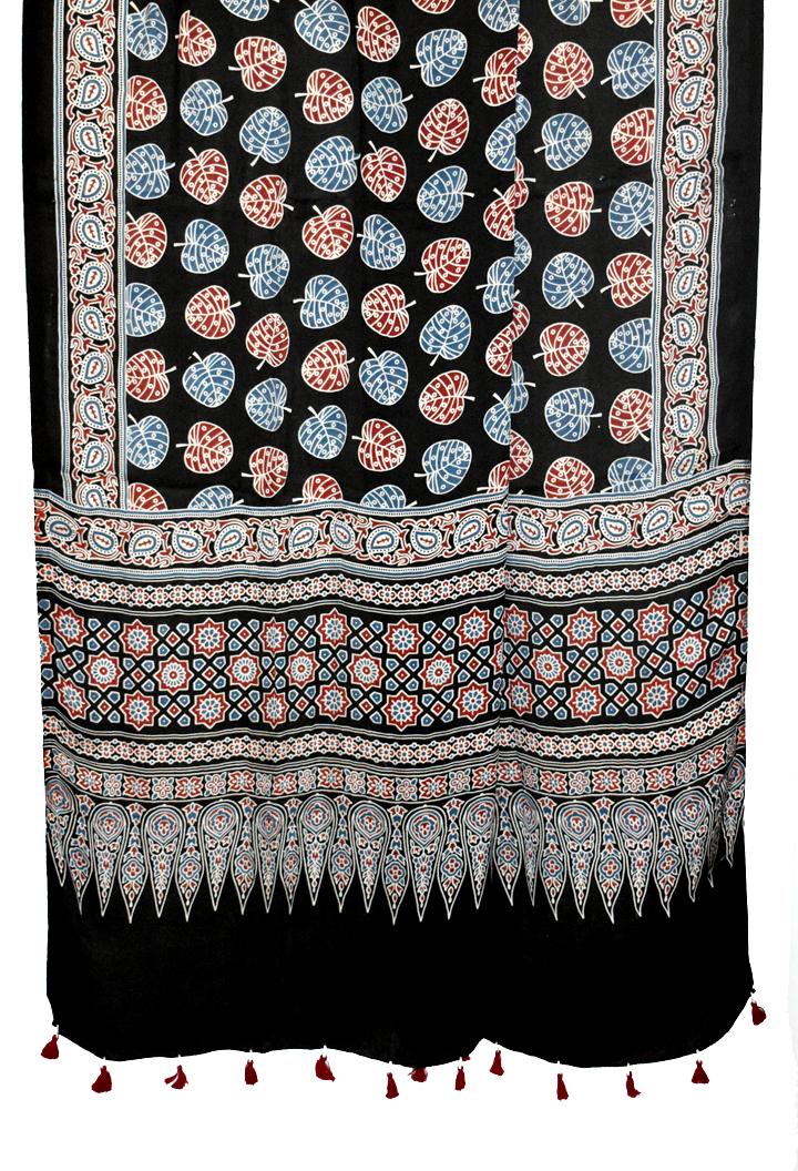 Black Premium Modal Silk Ajrakh Hand Block Dupatta - Leaf design