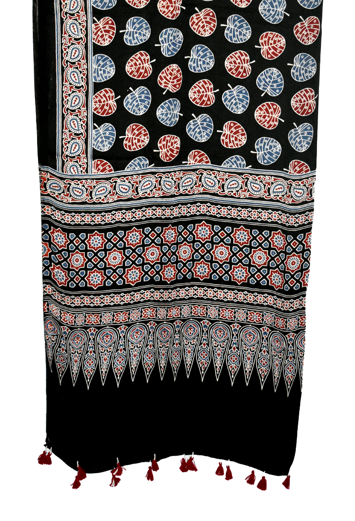Black Premium Modal Silk Ajrakh Hand Block Dupatta - Leaf design