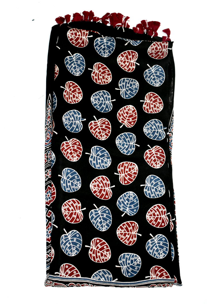 Black Premium Modal Silk Ajrakh Hand Block Dupatta - Leaf design