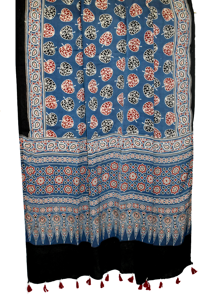 Blue Premium Modal Silk Ajrakh Hand Block Dupatta - Leaf Design