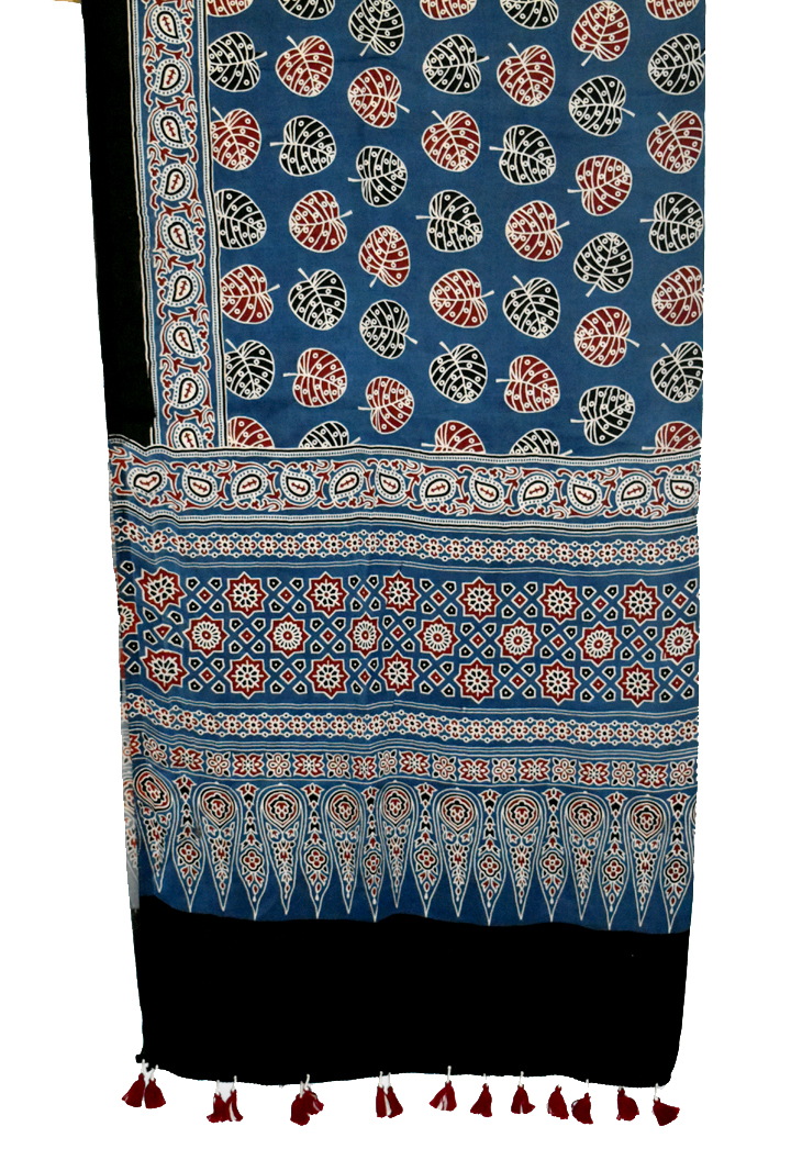 Blue Premium Modal Silk Ajrakh Hand Block Dupatta - Leaf Design