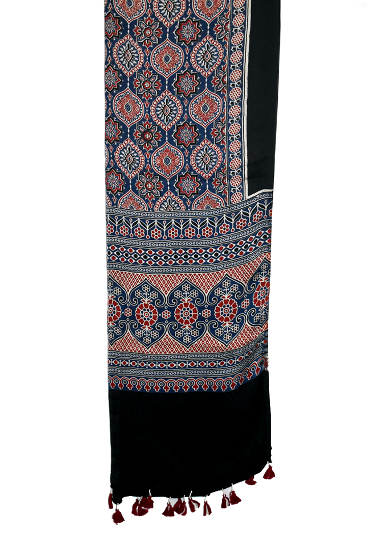 Blue Premium Modal Silk Ajrakh Hand Block Dupatta - Paisley 