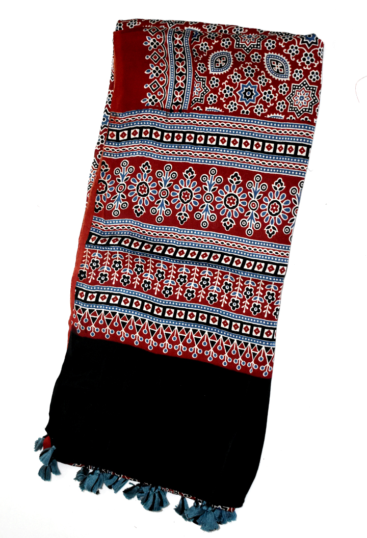 Maroon Premium Modal Silk Ajrakh Hand Block Dupatta - Floral 