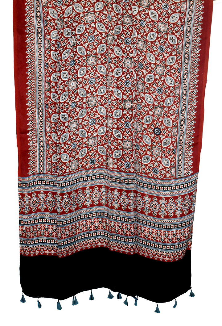 Maroon Premium Modal Silk Ajrakh Hand Block Dupatta - Floral 