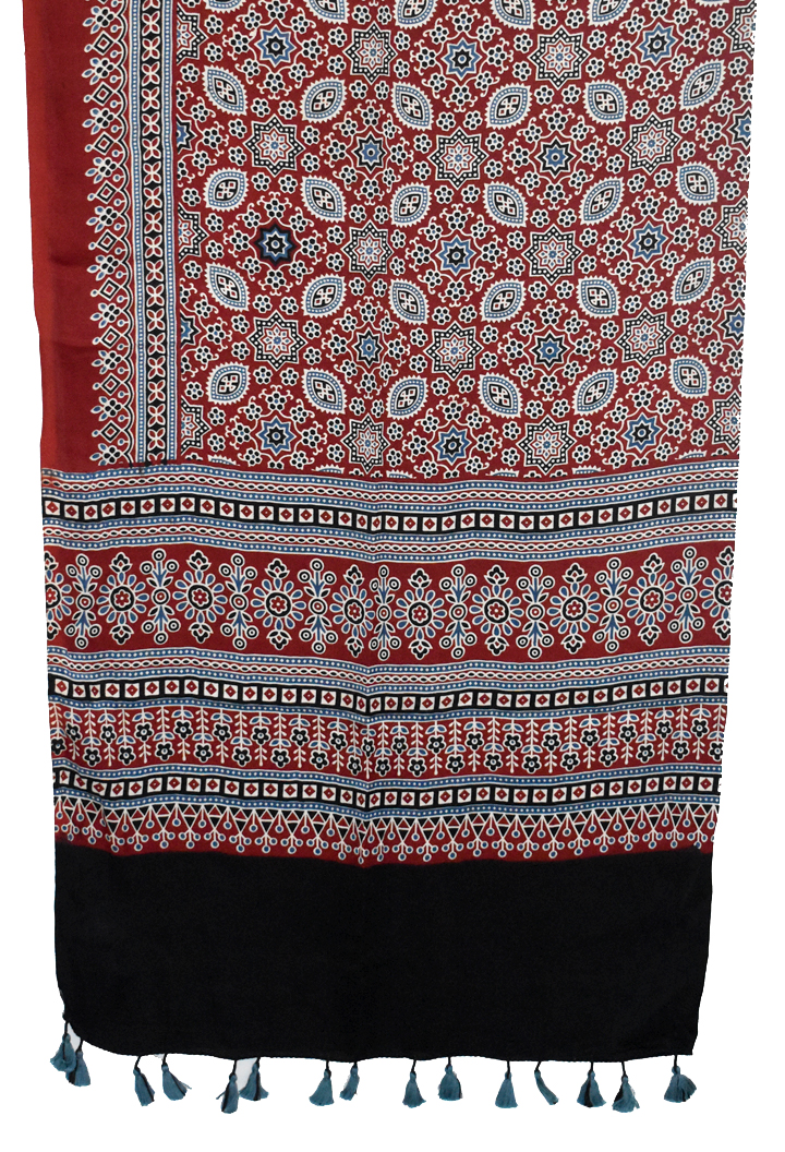 Maroon Premium Modal Silk Ajrakh Hand Block Dupatta - Floral 