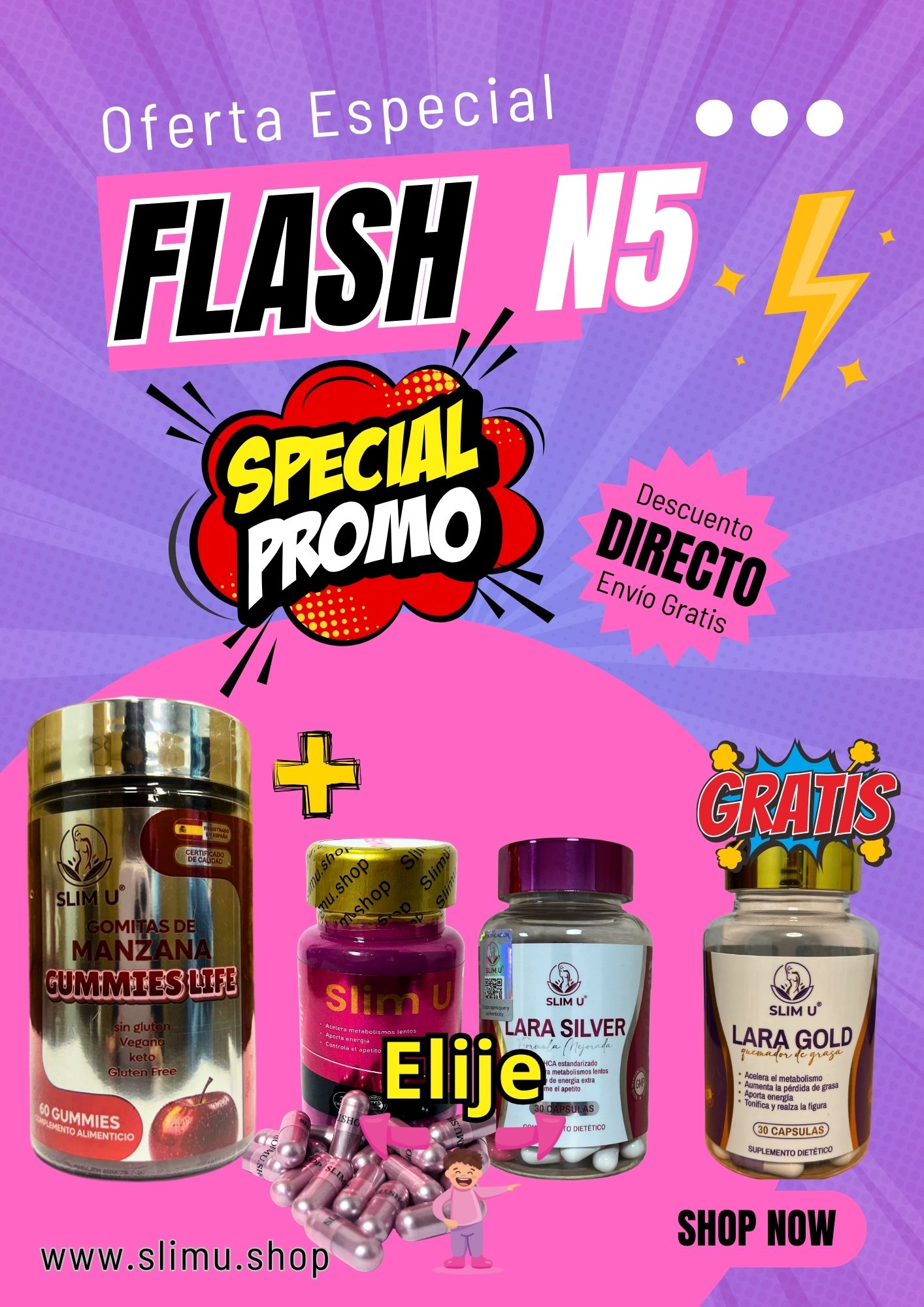 Pack 5 SlimU a elegir  + SlimU Lara Gold + SlimU Gummies Manzana 